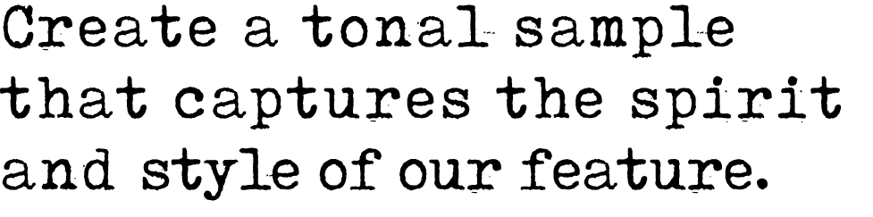 Create a tonal sample that captures the spirit and style of our feature.